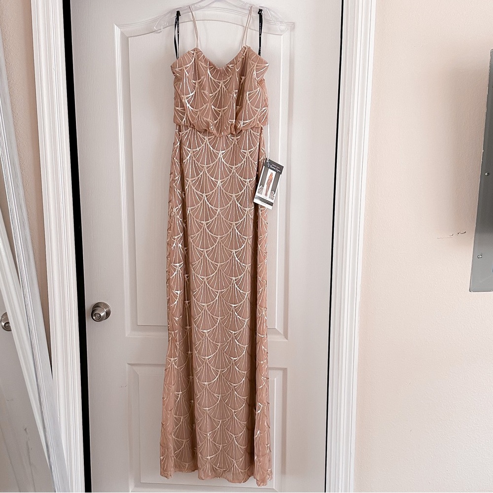 Women’s bridesmaid dress, never worn, new with tags rose gold color gold sequins